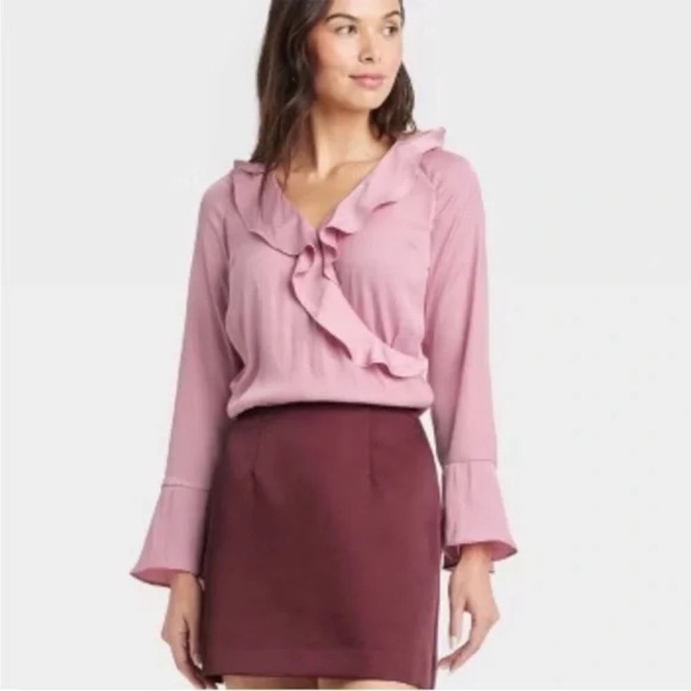 A New Day Mauve Blouse with Pleats and bell sleeves- Large